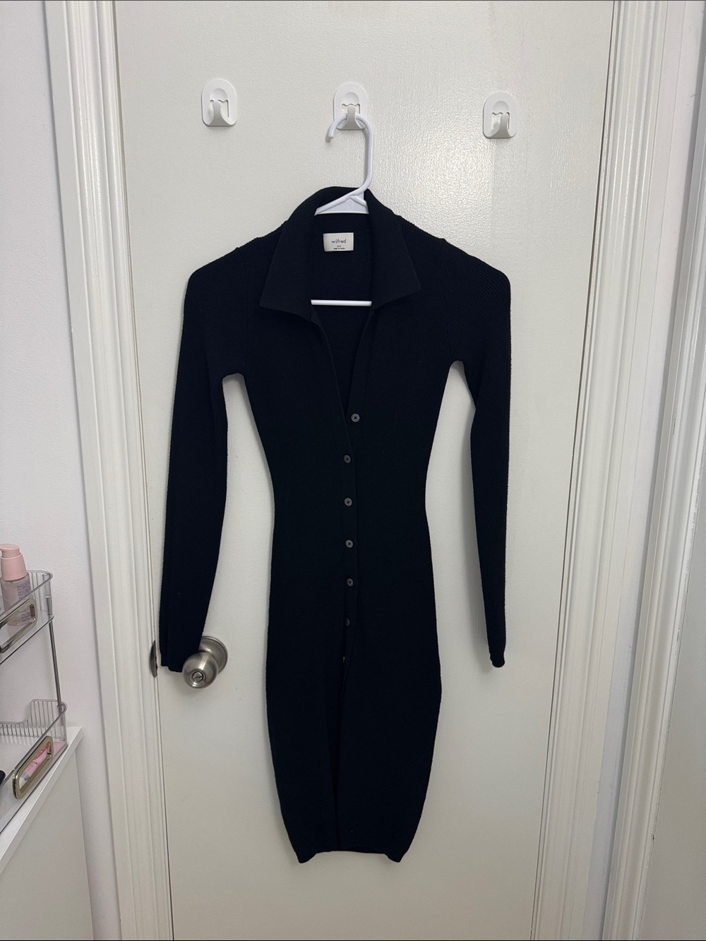 Aritzia Black Ribbed Button-Front Long Sleeve Dress